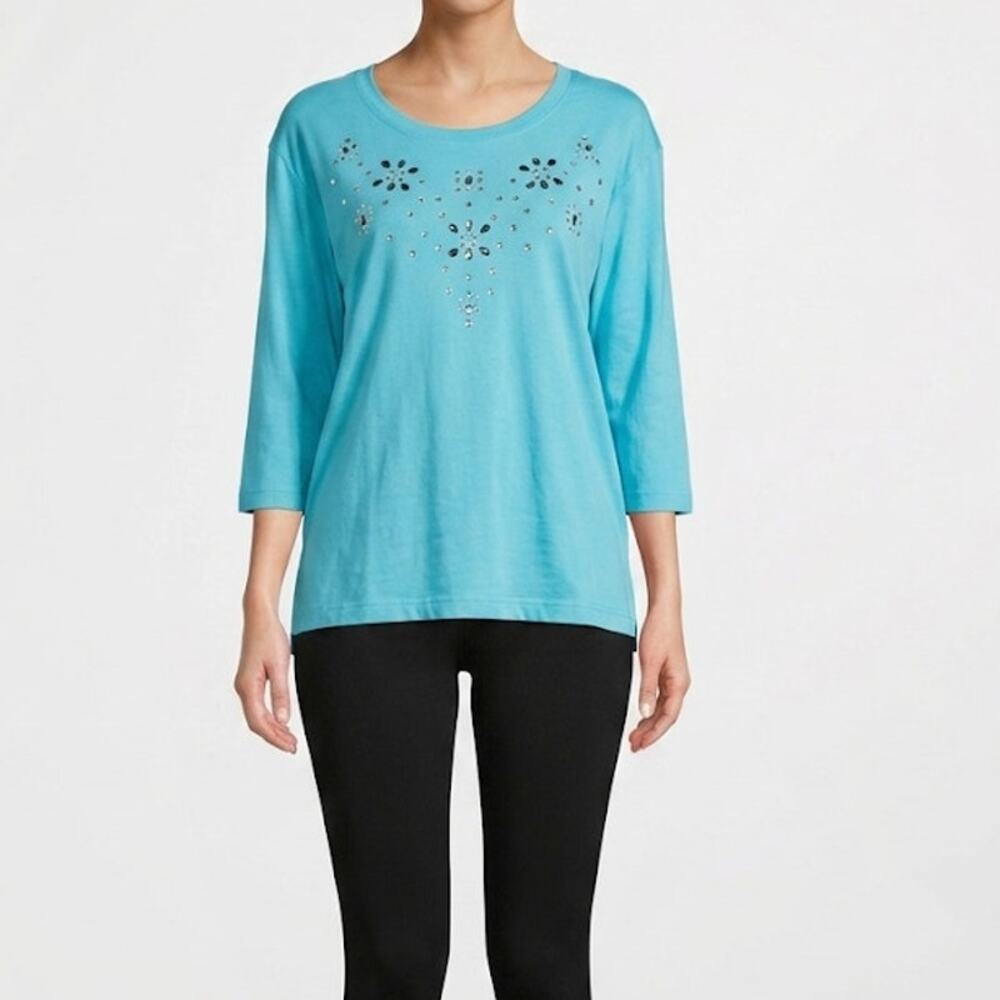 Hannah Beaded Blouse Top Floral Cotton Spandex Casual Lightweight Large